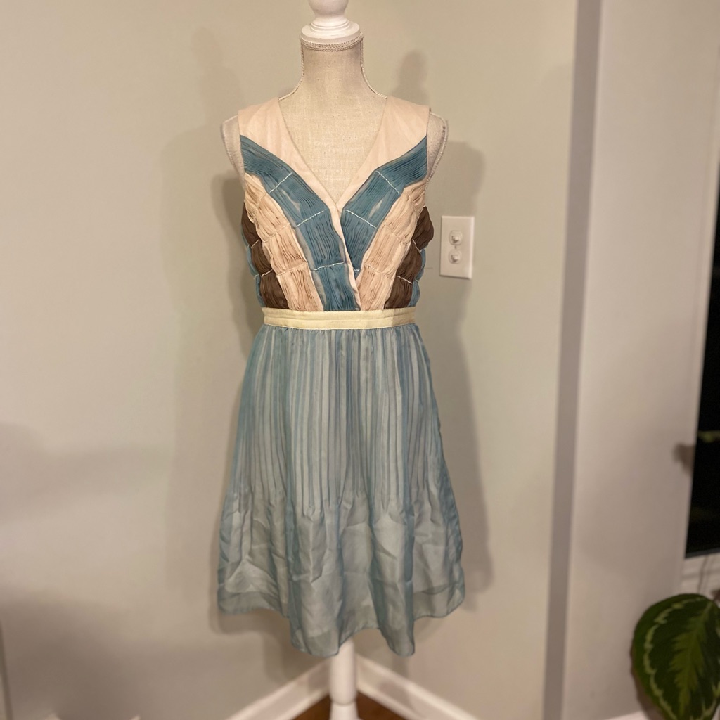 Euc Anthro Ryu Teal Cream & Brown Chiffon Beaded & Pleated Dress